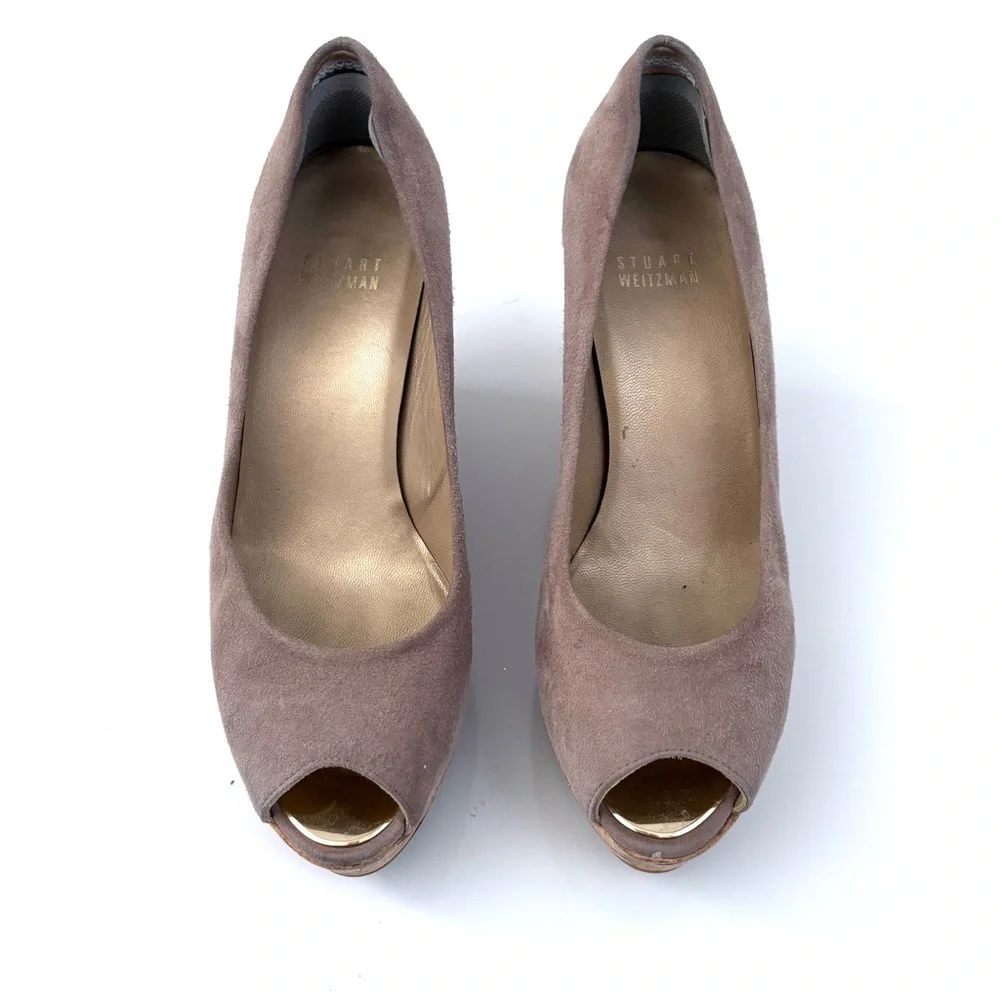 Stuart Weitzman | Beige Suede Peep Toe Cork Wedge Shoes Size 6 - Picture 3 of 8